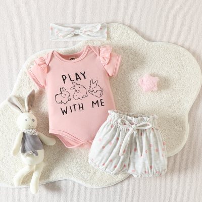 3-piece Baby Girl Pure Cotton Letter and Bunny Printed Short Sleeve Romper & Matching Shorts