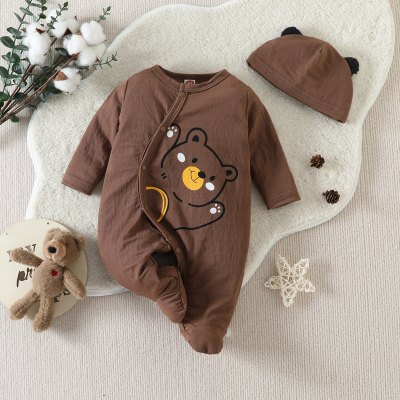 2-piece Baby Boy Solid Color Bear Printed Button-up Footed Long-sleeved Long-leg Romper