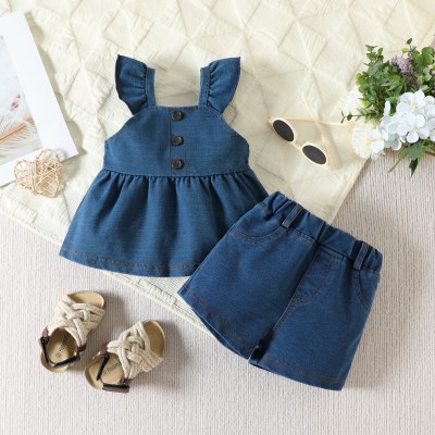 Baby Girl 2 Pieces Denim suit Solid Color Ruffle-sleeve Top & Shorts