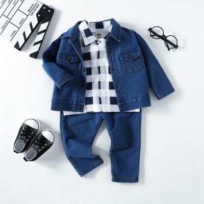 Toddler Boy Plaid Shirt & Solid Lapel Denim Jacket & Pants
