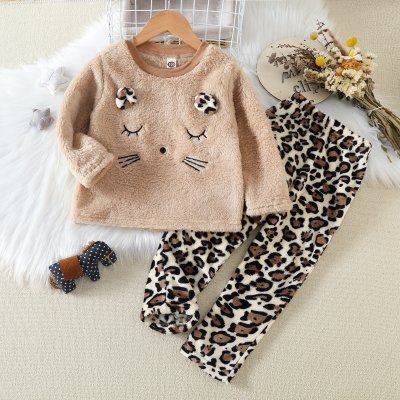 2-piece Toddler Girl Pure Cotton Solid Color Cat Style Long Sleeve Plush Top & Leopard Print Plush Pants Pajama Set