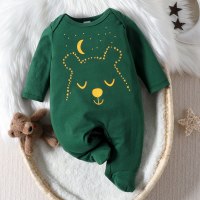 Mono de manga larga cubierto de piernas con estampado de expresión animal de elemento de estrella y luna recién nacido masculino  Verde