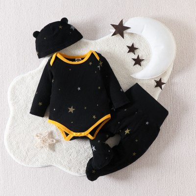 Macacão triangular de manga comprida com estampa de estrela para bebê recém-nascido menino com leggings e chapéu conjunto de três peças