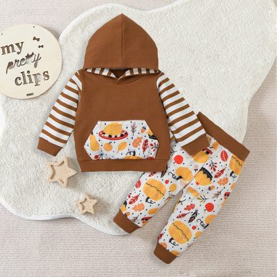 2-piece Baby Boy Thanksgiving Day Color-block Striped Patchwork Turkey Pattern Pocket Front Hoodie & Allover Turkey Pattern Pencil Pants