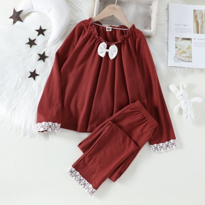 2-piece Toddler Girl 100% Cotton Solid Color Bowknot Decor Lace Spliced Textured Long Sleeve Top & Pants