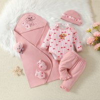 Cute puppy pattern long romper gift set 5 pieces  Pink