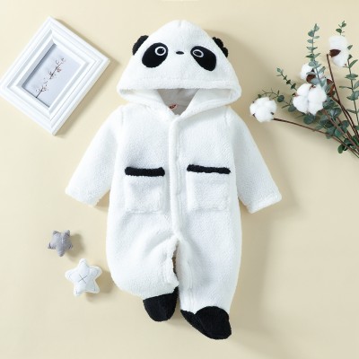 Baby Solid Panda Pattern Hooded Footed Jumpsuit