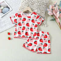 Strawberry print summer short-sleeved shorts and pajamas two-piece set  Pink