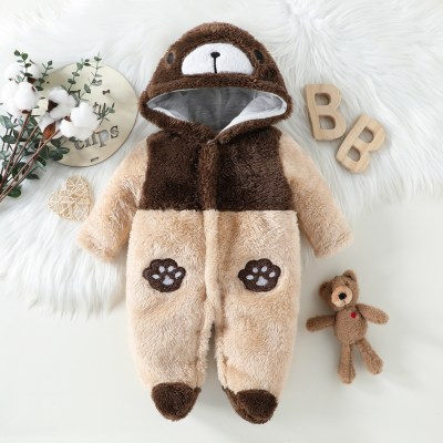 Baby Boy Color-block Bear Pattern Patchwork Hooded Footed Fleece-lined Plush Jumpsuit