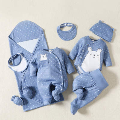 Baby-Geschenkbox, 9-teilig, einfarbig, gepunktet, Cartoon-Bärenmuster, Babykleidung, Lätzchen, Handschuhe, Mütze und Decke