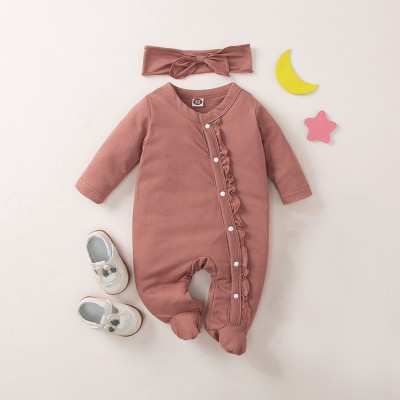 2-piece Baby Girl Pure Cotton Solid Color Ruffled Button-up Footed Long-sleeved Long-leg Romper & Bowknot Headwrap
