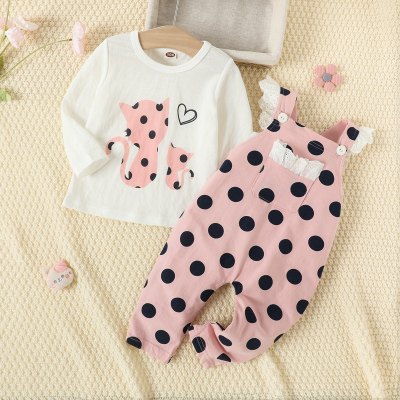 Camiseta e macacão de manga comprida de gato de bolinhas para bebê