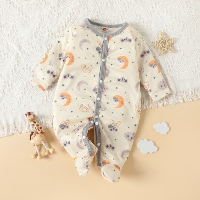 Baby Boy Allover Moon Pattern Button-up Footed Long-sleeved Long-leg Romper
