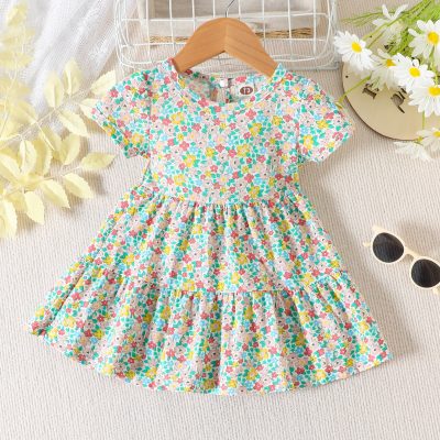 Baby Girl Pure Cotton Allover Floral Printed Short Sleeve Dress