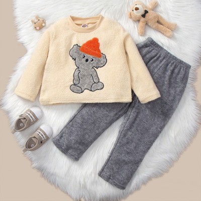 Blusa de pelúcia de manga comprida com padrão de coala infantil de 2 peças e calça de cor sólida