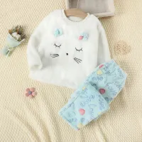 2-piece Toddler Girl Pure Cotton Solid Color Cat Style Long Sleeve Plush Top & Leopard Print Plush Pants Pajama Set  White