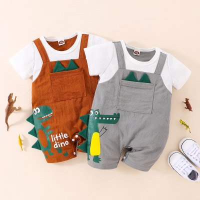 Baby Boy Color-block Applique Dinosaur Crocodile Pattern Pocket Romper