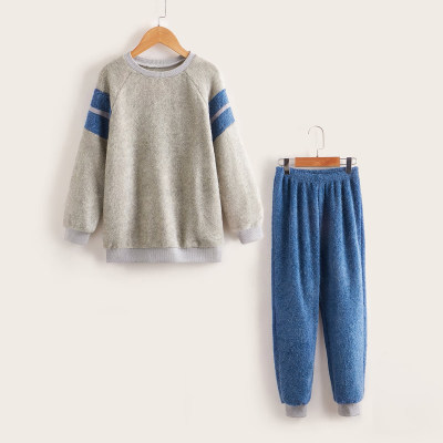 2-piece Kid Boy Solid Color Stripe Decor Long Raglan Sleeve Top & Pants