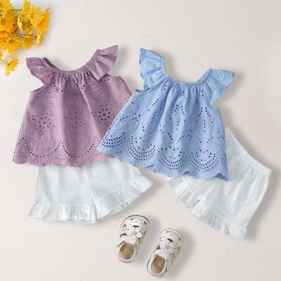 Baby Girl 2 Pieces Solid Lace Decor Top & Shorts