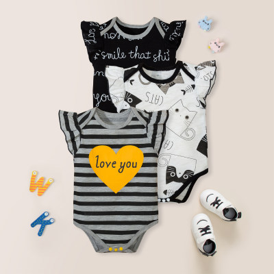 Baby Girl Stripes Heart-shaped Letter Cat Pattern Ruffle-sleeve Bodysuit