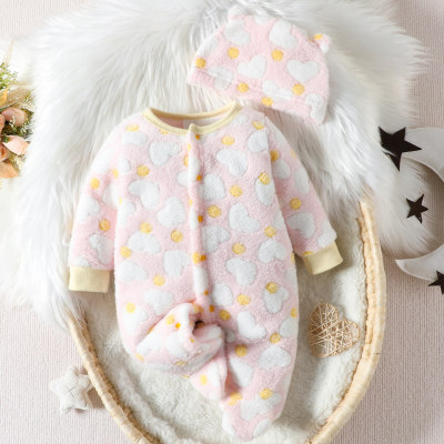 Combinaison et chapeau en polaire moelleuse à motif en forme de cœur pour bébé fille, 2 pièces