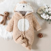 Baby Bear Pattern Hooded Fluffy Fleece Jumpsuit  Apricot
