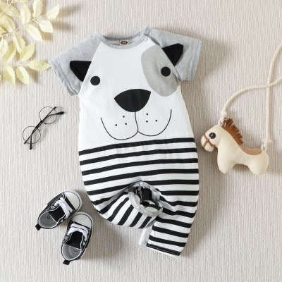 Baby Boy Pure Cotton Dog Style Stripe Pattern Short Sleeve Long-leg Romper