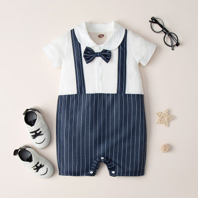 Baby Boy Color-block Stripes Pattern Bow-knot Decor Romper