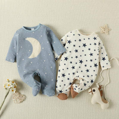 Baby Boy Solid Color Star Moon Pattern Footed Jumpsuit