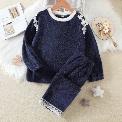 2-piece Kid Girl Solid Color Lace Spliced Long Sleeve Top & Pants