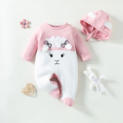 Mameluco de pierna larga de manga larga con bloque de color con patrón de oveja linda para bebé con sombrero