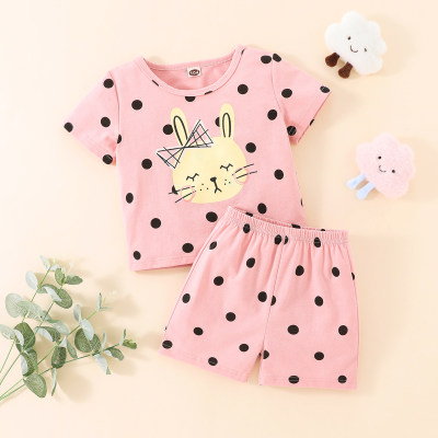Toddler Girls Preppy Cute Polka Dot Rabbit Pajamas Top & Shorts