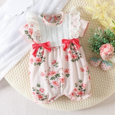 Baby Girl Pure Cotton Allover Floral Printed Lace Spliced Bowknot Decor Short Sleeve Boxer Romper