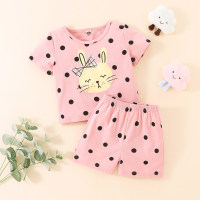 Toddler Girls Preppy Cute Polka Dot Rabbit Pajamas Top & Shorts - Hibobi