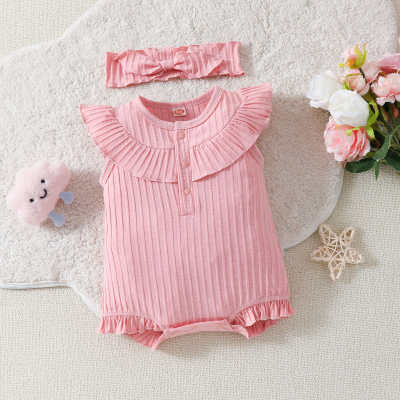 Baby girl solid color lapel sleeveless jumpsuit headband two-piece set
