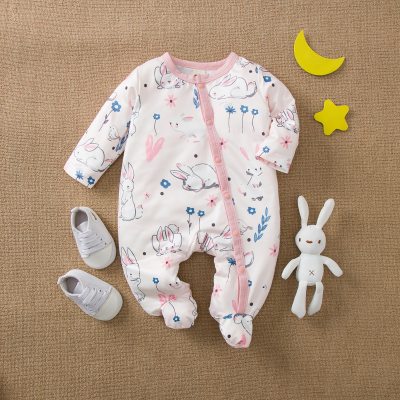 Mameluco de manga larga con estampado de conejo lindo para bebé con apertura inclinada