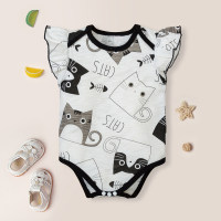 Body con volantes y manga con estampado de gato y letras en forma de corazón para bebé niña  Blanco