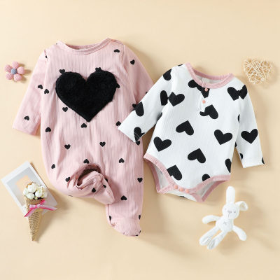 2-piece Baby Girl Allover Heart Pattern Patchwork Footed Long-sleeved Long-leg Romper & Matching Long Sleeve Romper