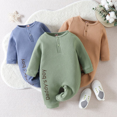 Baby Boy Pure Cotton Waffle Solid Color Letter Pattern Button Front Long-sleeved Long-leg Romper