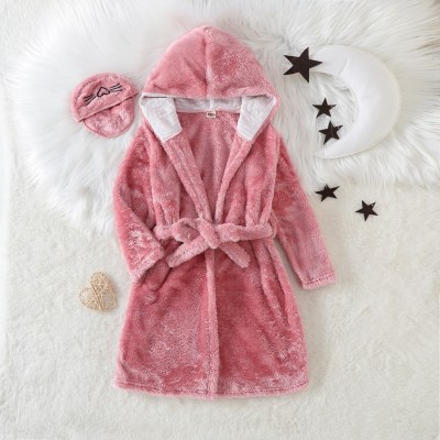 Toddler Girl Pure Cotton Solid Color Belted Hooded Plush Nightgown