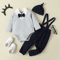 Baby Bowknot Decor Patchwork Polo Romper & Detachable Tie & Vertical Stripes Dungarees With Hat  Gray