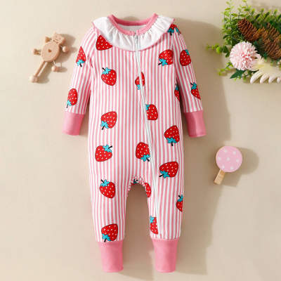 Baby Girls Strawberry Pattern Zipper Long Romper