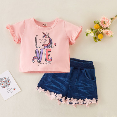Baby Girl Cartoon Unicorn Letter Pattern T-shirt & Lace Denim Shorts