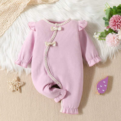 Baby Girl Solid Color bowknot Long-sleeved long-leg Jumpsuit