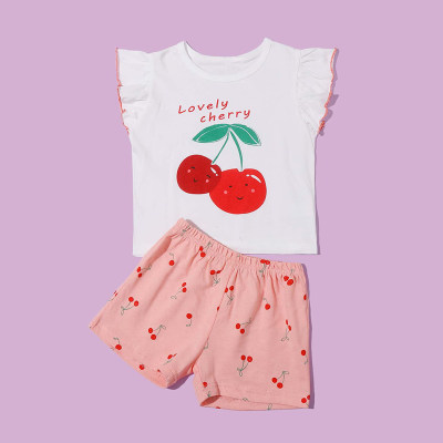 Toddler Girl Cherry Fly Sleeves Pajamas Top & Shorts