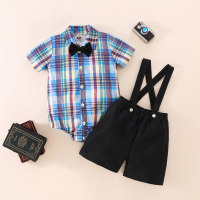 Baby Boy 3 Pieces Plaid Bodysuit & Suspender Shorts & Detachable Bow-tie  Black