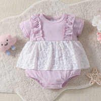 Baby Girl Fake Two Piece Lace Skirt Pleated Short Sleeve Jumpsuit  Light Purple