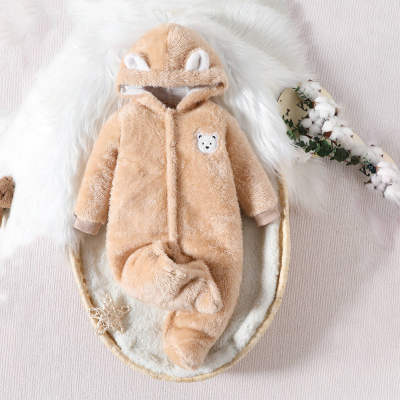 Combinaison à capuche doublée en polaire pour bébé, couleur unie, avec appliques d'ours, décor d'oreilles 3D