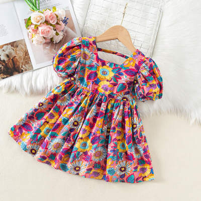 Toddler Girl Allover Floral Printed Square Neck Puff Sleeve Dress