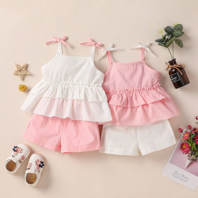 Baby Girl Solid Color Bow-knot Ruffle Decor Top &  Shorts